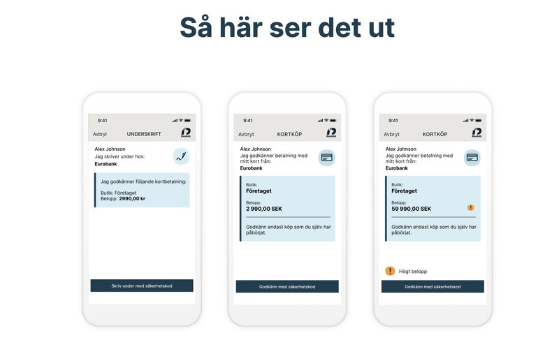 Telefon till vänster visar den tidigare designen. De två till höger visar ny design följt av varningsikonen som kommer dyka upp i telefonen.Foto: Pressbild BankID Telefon till vänster visar den tidigare designen. De två till höger visar ny design följt av varningsikonen som kommer dyka upp i telefonen.Foto: Pressbild BankID